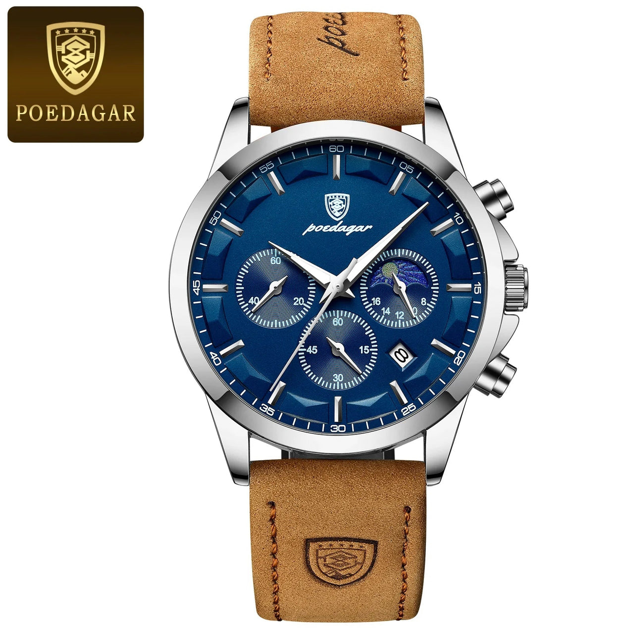 Poedagar ChronoLuxe Sport – Luxury Chronograph Quartz Watch - Shark & Sapphire