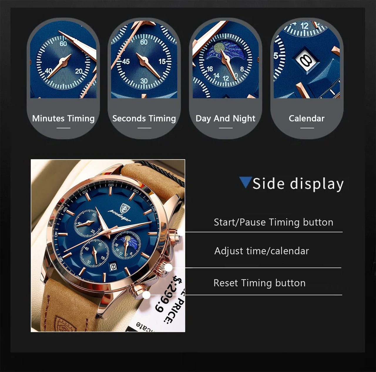 Poedagar ChronoLuxe Sport – Luxury Chronograph Quartz Watch - Shark & Sapphire