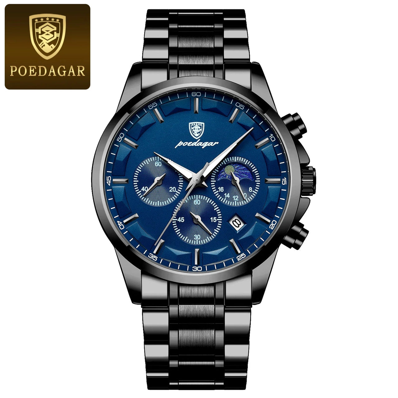 Poedagar ChronoLuxe Sport – Luxury Chronograph Quartz Watch - Shark & Sapphire