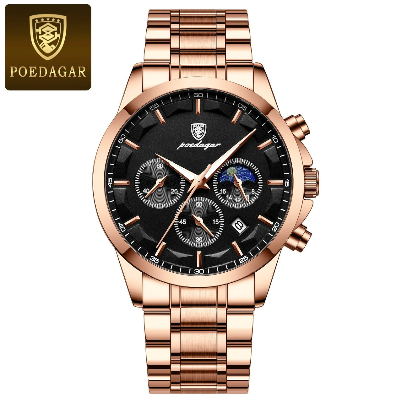 Poedagar ChronoLuxe Sport – Luxury Chronograph Quartz Watch - Shark & Sapphire