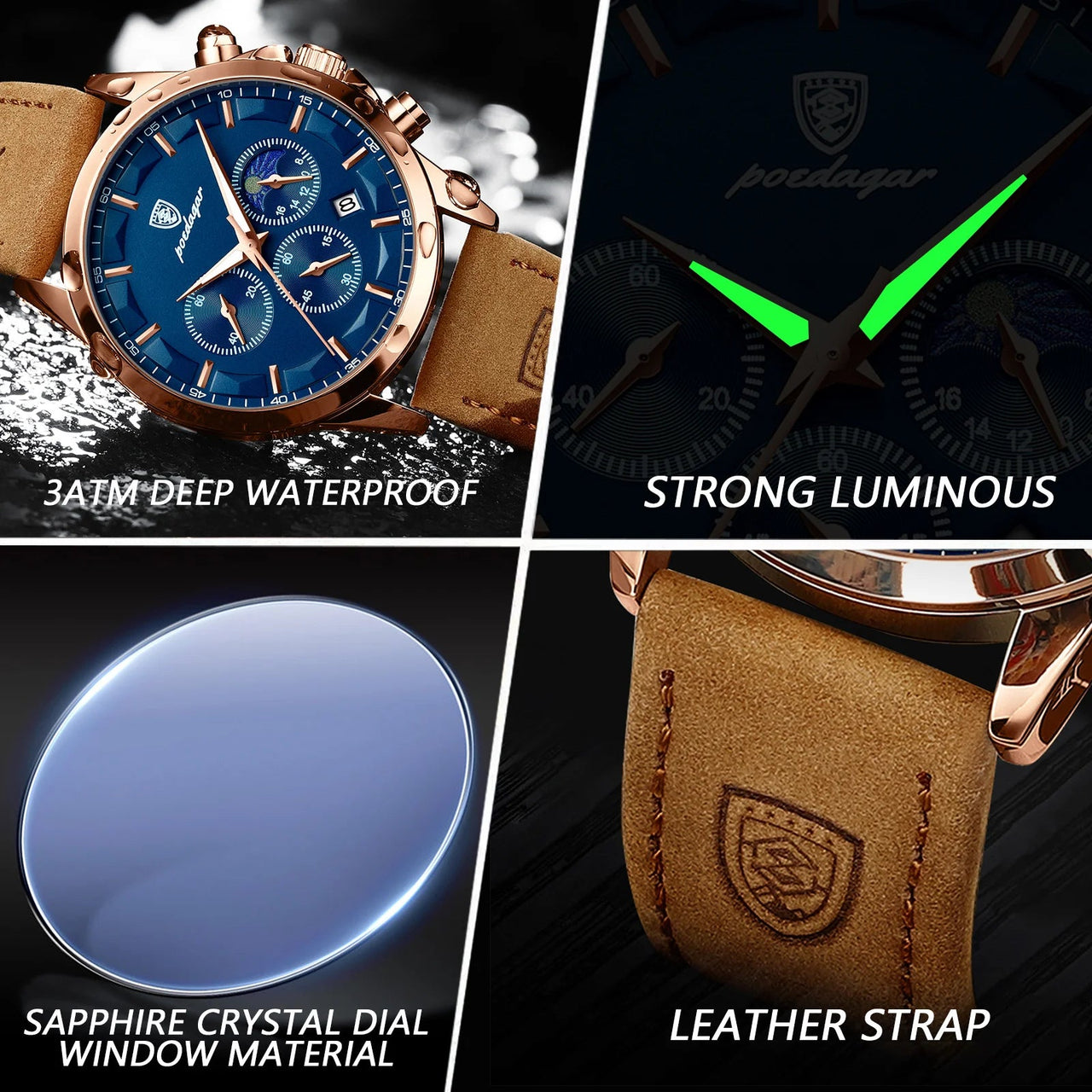 Poedagar ChronoLuxe Sport – Luxury Chronograph Quartz Watch - Shark & Sapphire