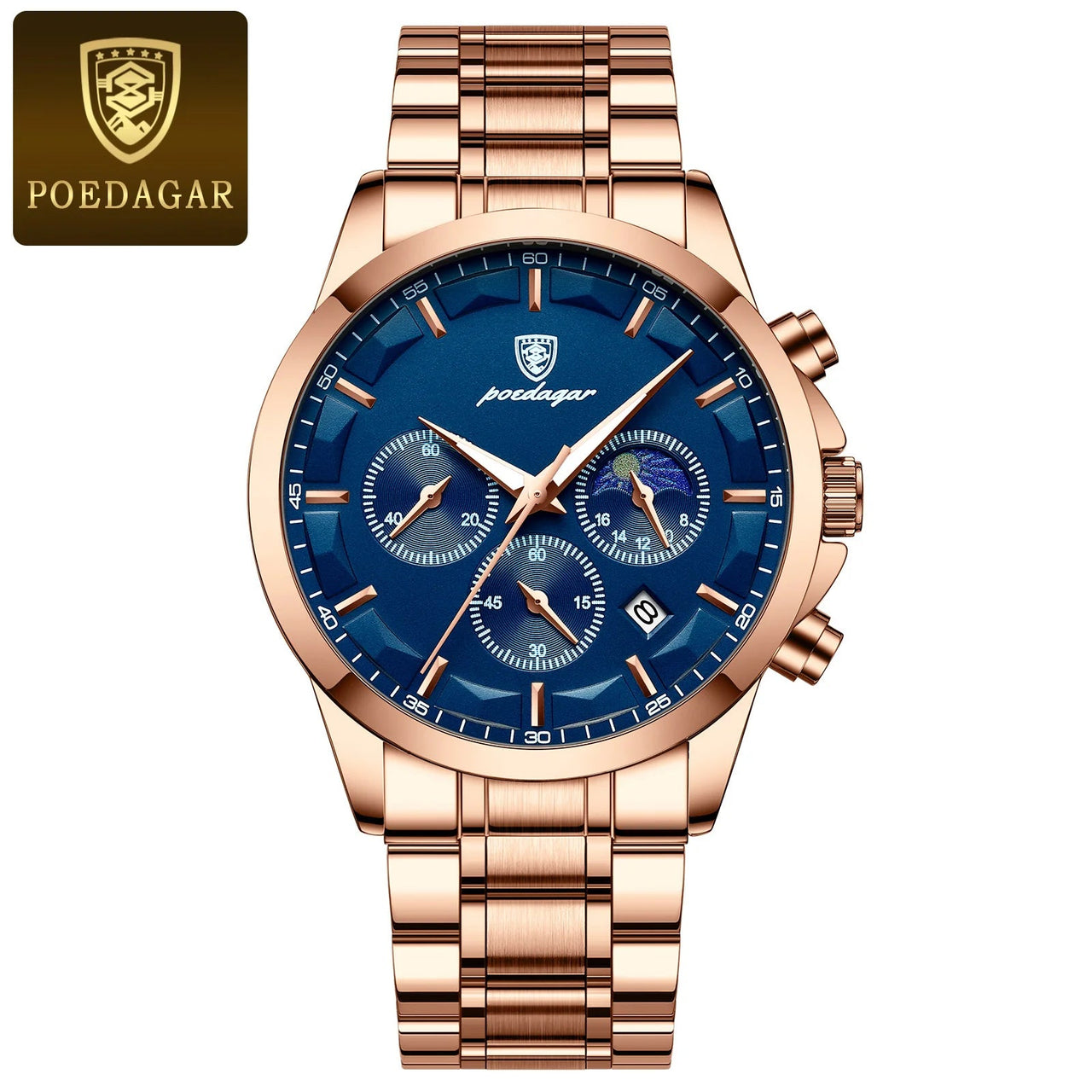 Poedagar ChronoLuxe Sport – Luxury Chronograph Quartz Watch - Shark & Sapphire
