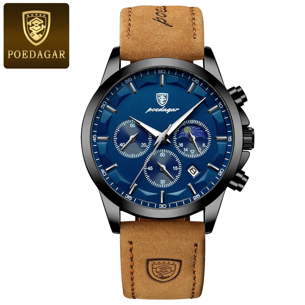 Poedagar ChronoLuxe Sport – Luxury Chronograph Quartz Watch - Shark & Sapphire