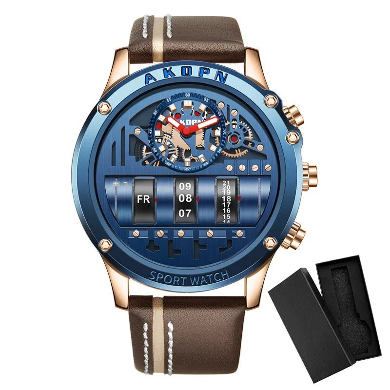 Stylish Quartz Men's Watch with Unique Rotating Date and Leather Strap - Military - Inspired Casual Timepiece - Shark & Sapphire