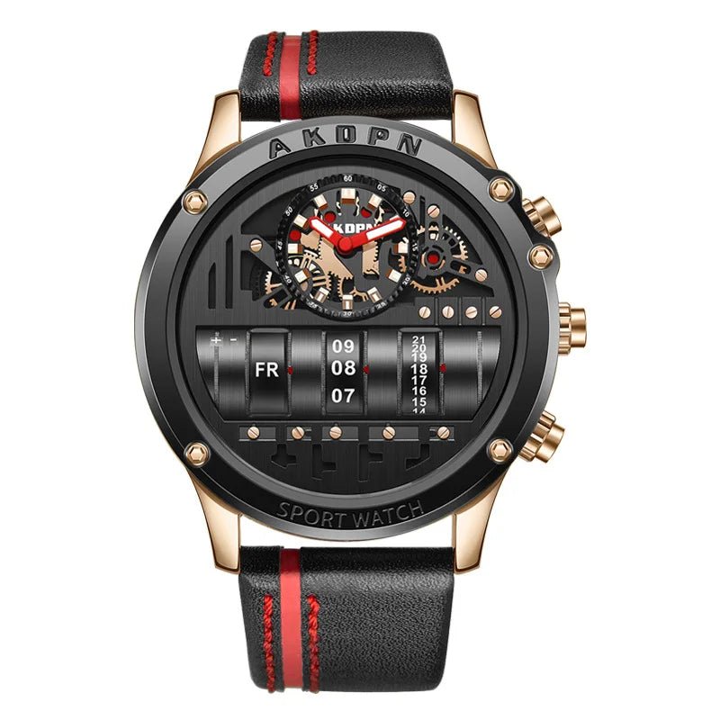 Stylish Quartz Men's Watch with Unique Rotating Date and Leather Strap - Military - Inspired Casual Timepiece - Shark & Sapphire