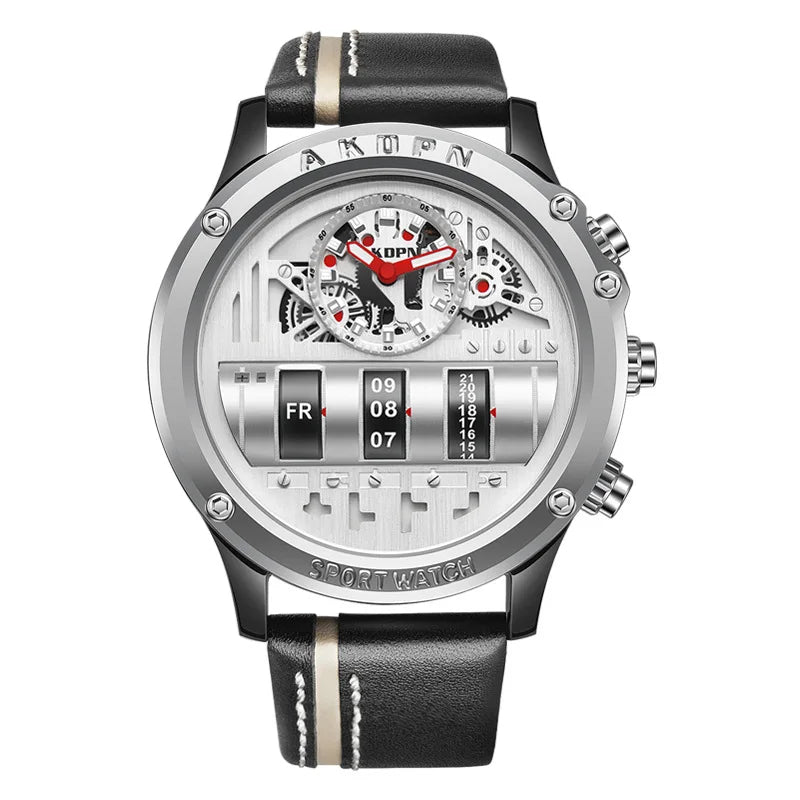 Stylish Quartz Men's Watch with Unique Rotating Date and Leather Strap - Military - Inspired Casual Timepiece - Shark & Sapphire
