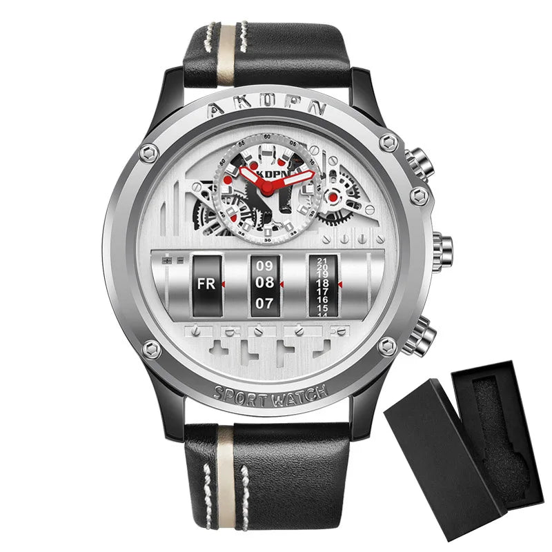 Stylish Quartz Men's Watch with Unique Rotating Date and Leather Strap - Military - Inspired Casual Timepiece - Shark & Sapphire