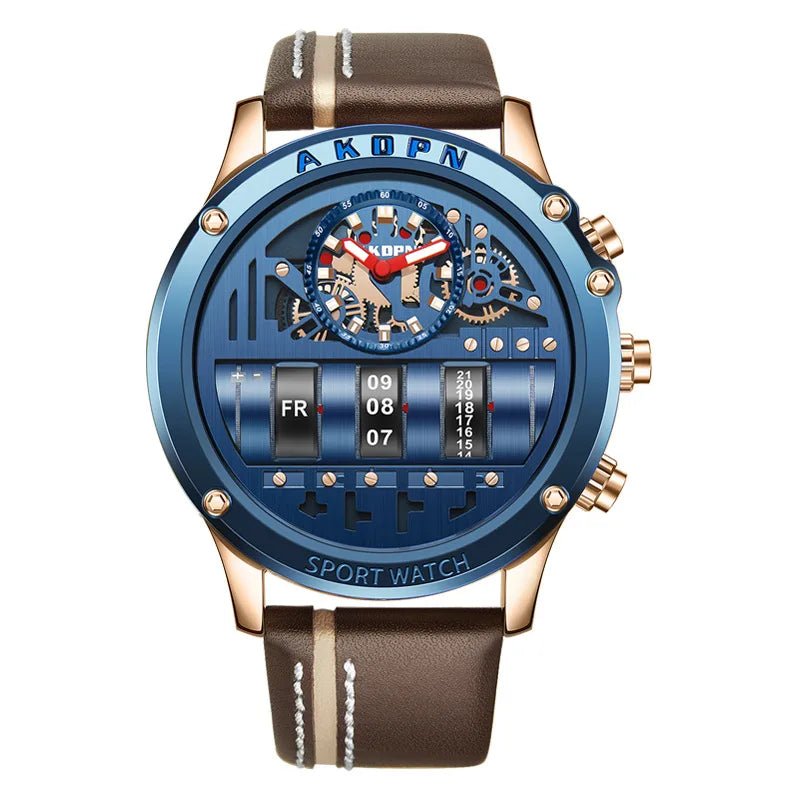 Stylish Quartz Men's Watch with Unique Rotating Date and Leather Strap - Military - Inspired Casual Timepiece - Shark & Sapphire