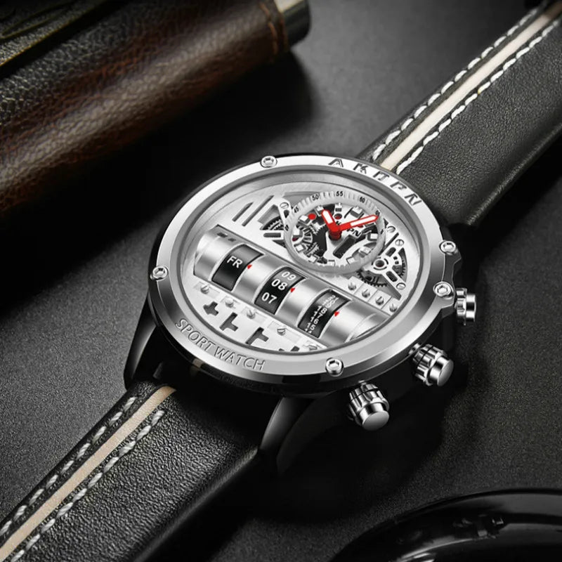 Stylish Quartz Men's Watch with Unique Rotating Date and Leather Strap - Military - Inspired Casual Timepiece - Shark & Sapphire