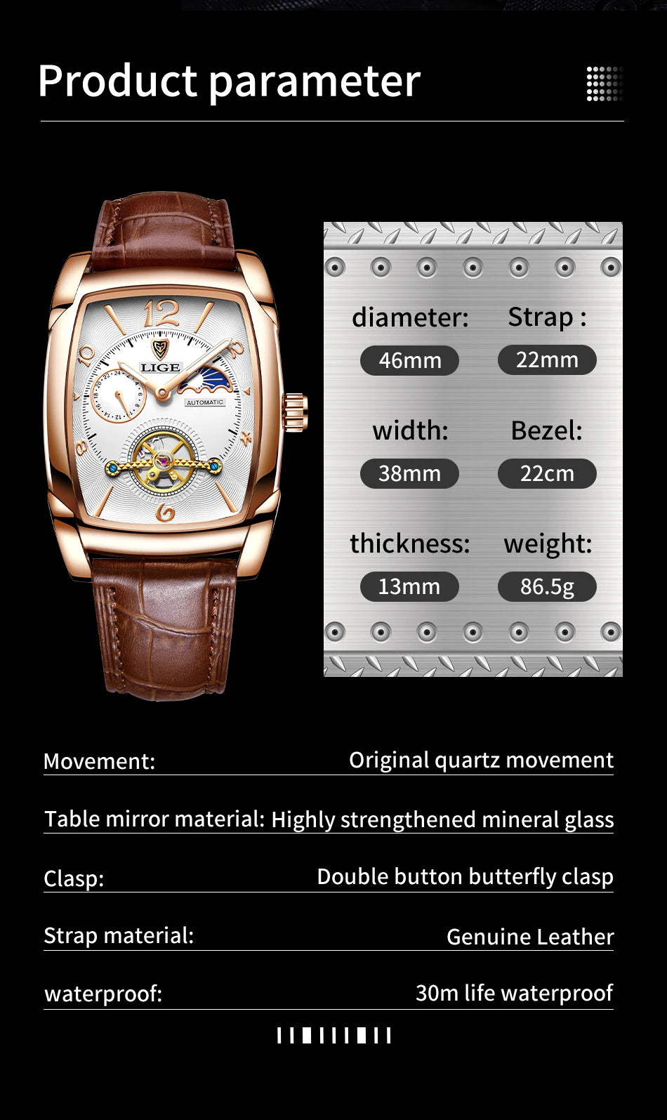 Reloj de lujo automático con fase lunar y tourbillon de Lige