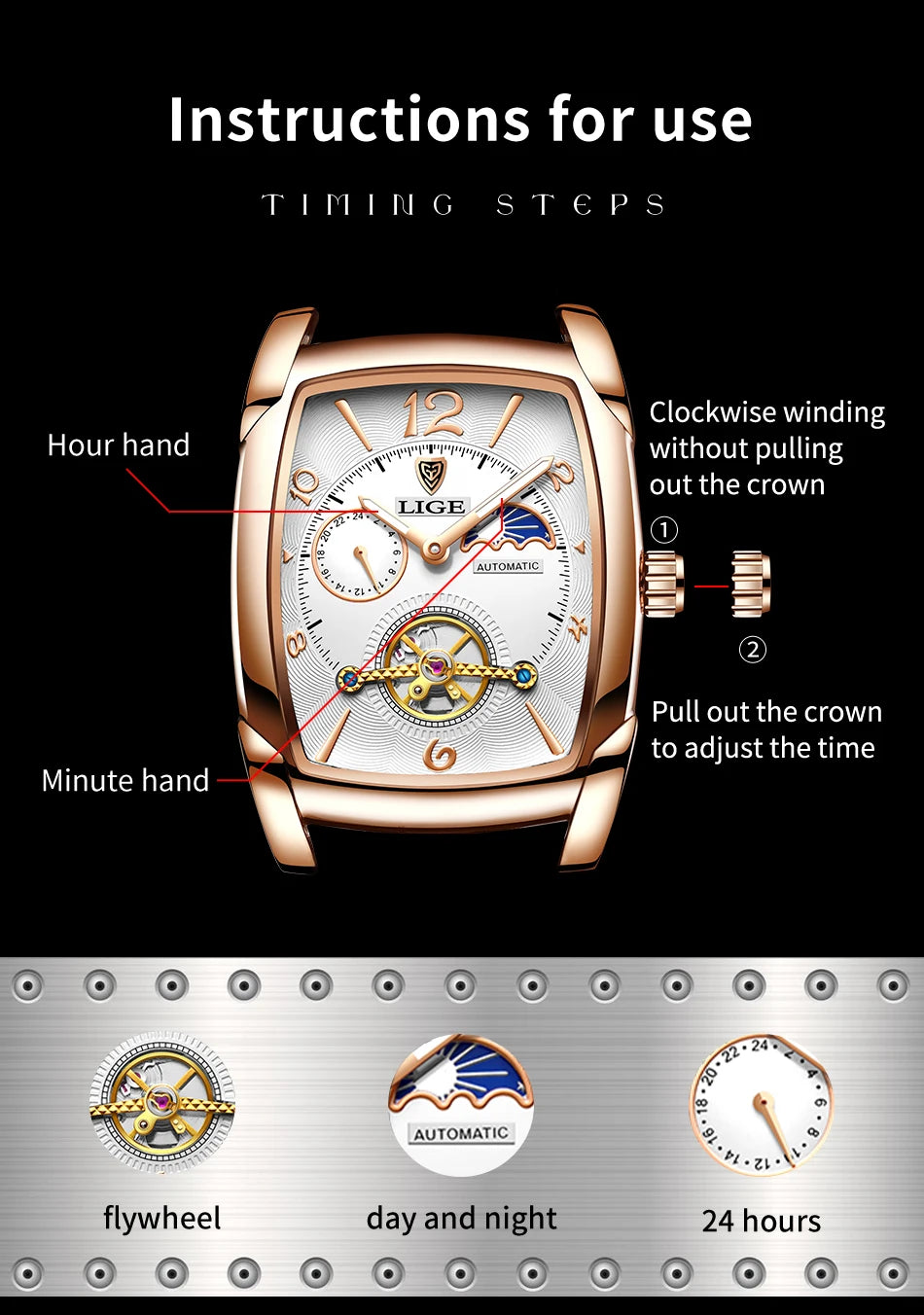 Reloj de lujo automático con fase lunar y tourbillon de Lige